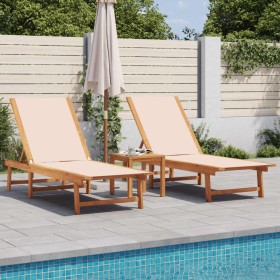 2 sun loungers with solid acacia wood table and cream textilene by , Loungers - Ref: Foro24-3279252, Price: 350,99 €, Discoun...