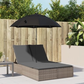 Double sun lounger with cushions and gray synthetic rattan umbrella by , Loungers - Ref: Foro24-368083, Price: 309,99 €, Disc...