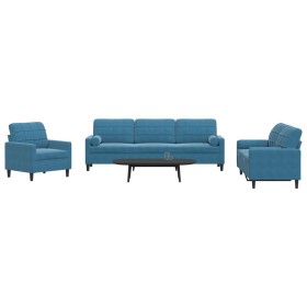 Set of sofas with 3 blue velvet cushions by , Sofas - Ref: Foro24-3278460, Price: 701,41 €, Discount: %