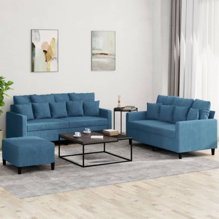 Set of sofas with 3 blue velvet cushions by , Sofas - Ref: Foro24-3201719, Price: 518,42 €, Discount: %