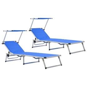 Folding sun loungers with canopy, 2 units, aluminum and blue textilene. by vidaXL, Loungers - Ref: Foro24-312457, Price: 183,...