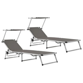 Folding sun loungers with canopy, 2 units, aluminum and gray textilene. by vidaXL, Loungers - Ref: Foro24-312460, Price: 179,...