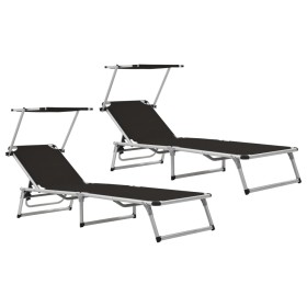 Folding sun loungers with awning 2 units aluminum and black textilene by vidaXL, Loungers - Ref: Foro24-312458, Price: 174,99...