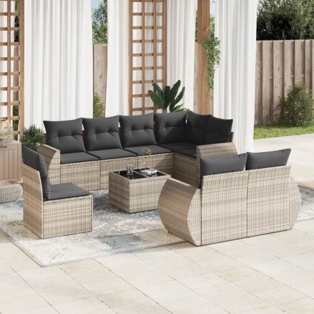 Gartenmöbel-Set 9-teilig mit Kissen aus hellem grauem Kunst-Rattan. von , Modulare Sofas für den Außenbereich - Ref: Foro24-3...