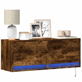 Wall-mounted TV stand with LED lights in smoked oak, 100x31x35 cm. by , TV Furniture - Ref: Foro24-852366, Price: 75,79 €, Di...