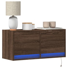 Wall-mounted TV stand with LED lights in brown oak, 80x31x35 cm. by , TV Furniture - Ref: Foro24-852361, Price: 69,99 €, Disc...