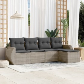 Gartensofa-Set und Kissen, 5-teilig, aus hellem grauem Kunststoff-Rattan. von , Gartensets - Ref: Foro24-3221291, Preis: 385,...