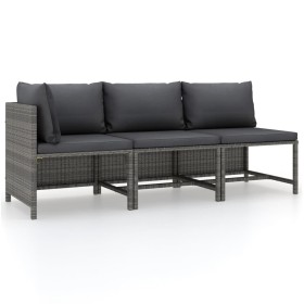 3-teiliges Gartenmöbel-Set und graue synthetische Rattankissen von vidaXL, Modulare Sofas für den Außenbereich - Ref: Foro24-...