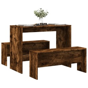 Dining table and benches 3 pieces engineered wood smoked oak by , Furniture sets for kitchens and dining rooms - Ref: Foro24-...