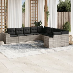 Gartensofaset mit 10 Teilen, inklusive Kissen, aus hellem grauem Kunststoff-Rattan. von , Gartensets - Ref: Foro24-3223111, P...