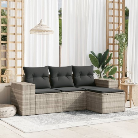 Gartensofa-Set, 4-teilig, mit grauen Kissen aus synthetischem Rattan von , Modulare Sofas für den Außenbereich - Ref: Foro24-...