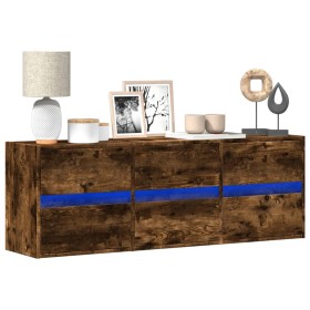 Wall-mounted TV unit with LED lights in smoked oak, 130x31x45 cm. by , TV Furniture - Ref: Foro24-852303, Price: 111,37 €, Di...