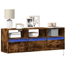 Wall-mounted TV stand with LED lights in smoked oak, 130x31x45 cm. by , TV Furniture - Ref: Foro24-852345, Price: 105,99 €, D...