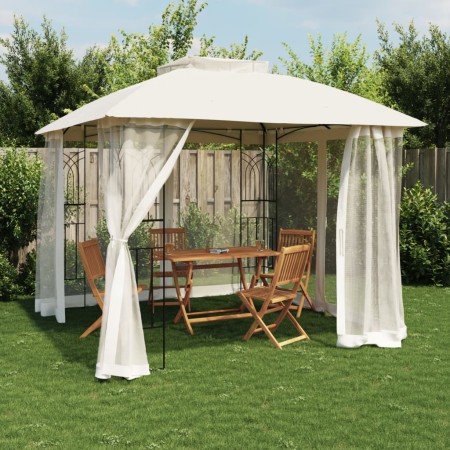 Double-roof gazebo with cream steel mesh walls, 2.94x2.94 m by , Tents and gazebos - Ref: Foro24-368454, Price: 288,02 €, Dis...