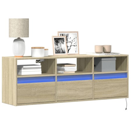 Wall-mounted TV unit with LED lights Sonoma oak 130x31x45 cm by , TV Furniture - Ref: Foro24-852343, Price: 105,56 €, Discoun...