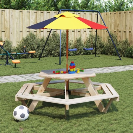 Hexagonal picnic table for 6 children with umbrella hole, made of fir wood. by , Garden tables - Ref: Foro24-3281625, Price: ...