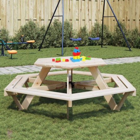 Sechseckiger Picknicktisch für 6 Kinder mit Sonnenschirmloch aus Fichtenholz. von , Gartentische - Ref: Foro24-4008993, Preis...