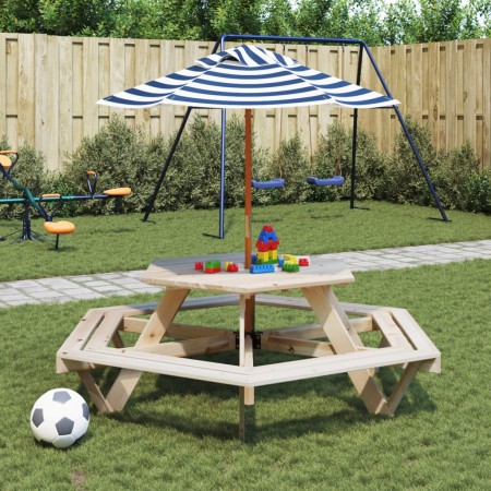 Hexagonal picnic table for 6 children with umbrella hole, made of fir wood. by , Garden tables - Ref: Foro24-3281626, Price: ...