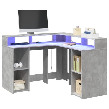 Desk with LED lights, engineered wood, gray concrete finish, 130x130x91cm. by , Desks - Ref: Foro24-3309450, Price: 213,90 €,...