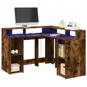 Escritorio con LED madera ingeniería roble ahumado 130x130x91cm de , Escritorios - Ref: Foro24-3309451, Precio: 227,99 €, Des...