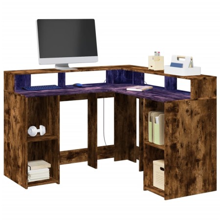 Escritorio con LED madera ingeniería roble ahumado 130x130x91cm de , Escritorios - Ref: Foro24-3309451, Precio: 211,19 €, Des...