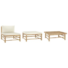 3-teiliges Gartenmöbel-Set aus Bambus und cremeweiße Kissen von vidaXL, Modulare Sofas für den Außenbereich - Ref: Foro24-313...