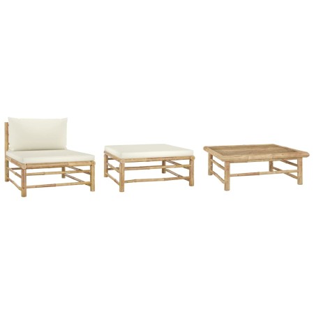 Set de muebles de jardín 3 piezas bambú y cojines blanco crema de vidaXL, Sofás modulares de exterior - Ref: Foro24-313142, P...