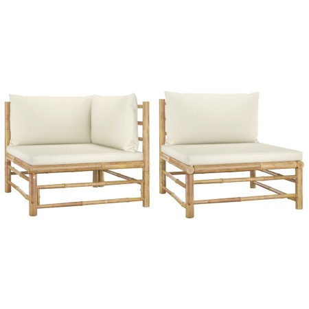 Set de muebles de jardín 2 piezas bambú y cojines blanco crema de vidaXL, Sofás modulares de exterior - Ref: Foro24-313143, P...