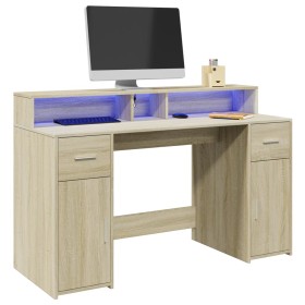 Desk with LED lighting, engineered wood in Sonoma oak, 140x55x91 cm. by , Desks - Ref: Foro24-3309422, Price: 179,82 €, Disco...