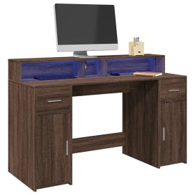 Escritorio con LED madera ingeniería marrón roble 140x55x91 cm de , Escritorios - Ref: Foro24-3309426, Precio: 185,02 €, Desc...