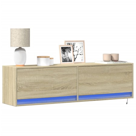 Wall-mounted TV unit with LED lights Sonoma oak 140x31x38 cm by , TV Furniture - Ref: Foro24-852371, Price: 108,16 €, Discoun...