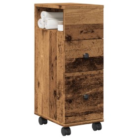 Schmaler Badezimmerschrank aus Holz mit Rollen.