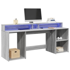 Engineered wood desk with LED lights in gray Sonoma finish, measuring 200x55x91 cm. by , Desks - Ref: Foro24-3309443, Price: ...