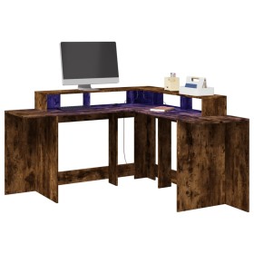 Desk with LED lighting, engineered smoked oak wood, 152x152x91cm. by , Desks - Ref: Foro24-3309460, Price: 209,99 €, Discount: %