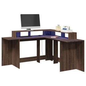 Desk with LED lights, engineered wood, brown oak, 152x152x91 cm. by , Desks - Ref: Foro24-3309462, Price: 181,97 €, Discount: %