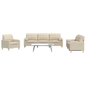 3-piece sofa set with cream fabric cushions