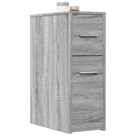 Narrow gray wooden bathroom cabinet with wheels