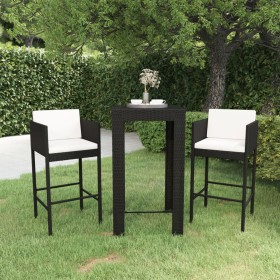 Set muebles bar jardín 3 piezas y cojines ratán sintético negro de vidaXL, Conjuntos de jardín - Ref: Foro24-3094778, Precio:...