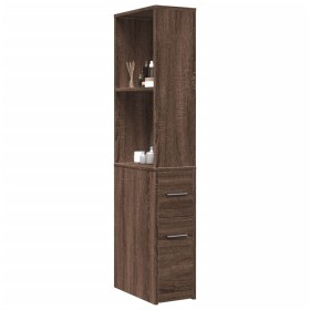 Narrow brown oak wood bathroom cabinet with wheels