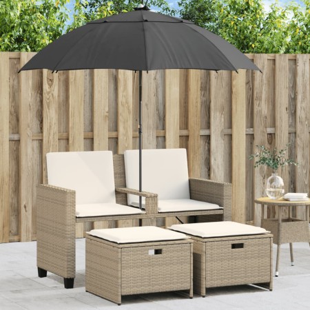 Sofá jardín 2 plazas con sombrilla y taburetes ratán PE beige | Foro24|Onlineshop| Casa, Jardín y Más Foro24.es