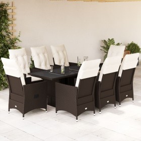 Garden dining set 9 pieces with brown synthetic