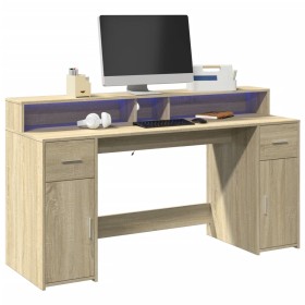 Escritorio con LED madera ingeniería roble Sonoma 160x55x91 cm de , Escritorios - Ref: Foro24-3309431, Precio: 201,28 €, Desc...