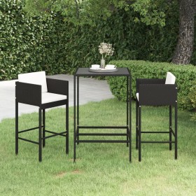 Set muebles bar jardín 3 piezas y cojines ratán sintético negro de vidaXL, Conjuntos de jardín - Ref: Foro24-3094787, Precio:...