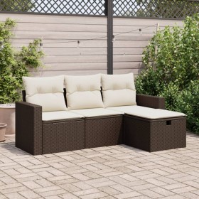 Garden sofa set 4 pieces with brown synthetic