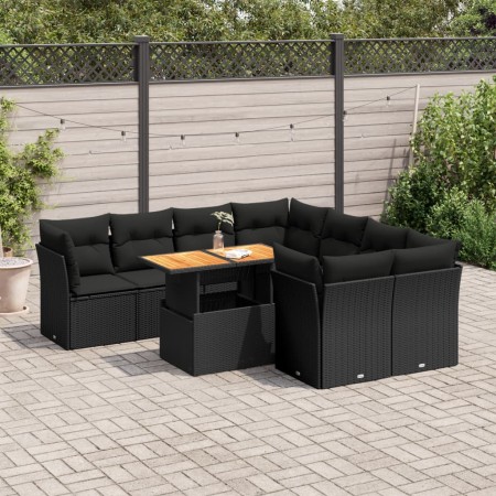 Gartensofagarnitur mit 9-teiligen Kissen aus schwarzem Kunststoffrattan von , Gartensets - Ref: Foro24-3326904, Preis: 667,63...