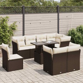 Garden sofa set 9 pieces and brown synthetic