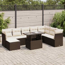 Garden sofa set 9 pieces and brown synthetic