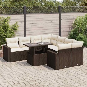 Garden sofa set 9 pieces and brown synthetic