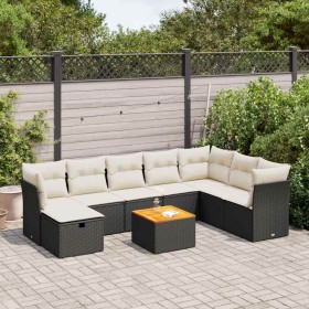 Garden sofa set with 9-piece black synthetic