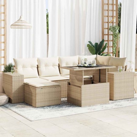 Set aus 7-teiligen Gartensofas und Kissen, synthetisches Rattan, beige | Foro24|Onlineshop| Casa, Jardín y Más Foro24.es